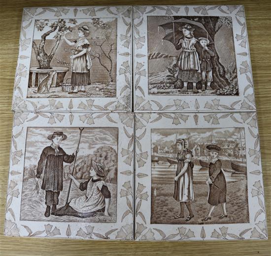 A set of four Victorian printed tiles Months of the Year